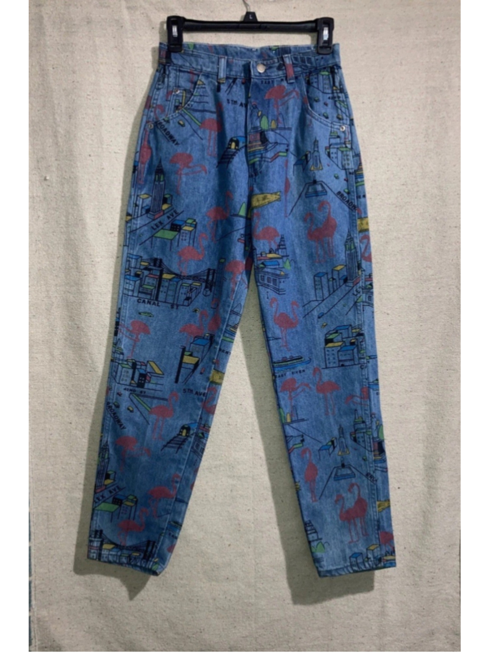 Vintage Wrangler Pink Flamingo Denim Blue Jeans New York All Over Print Womens 9 - Picture 2 of 16